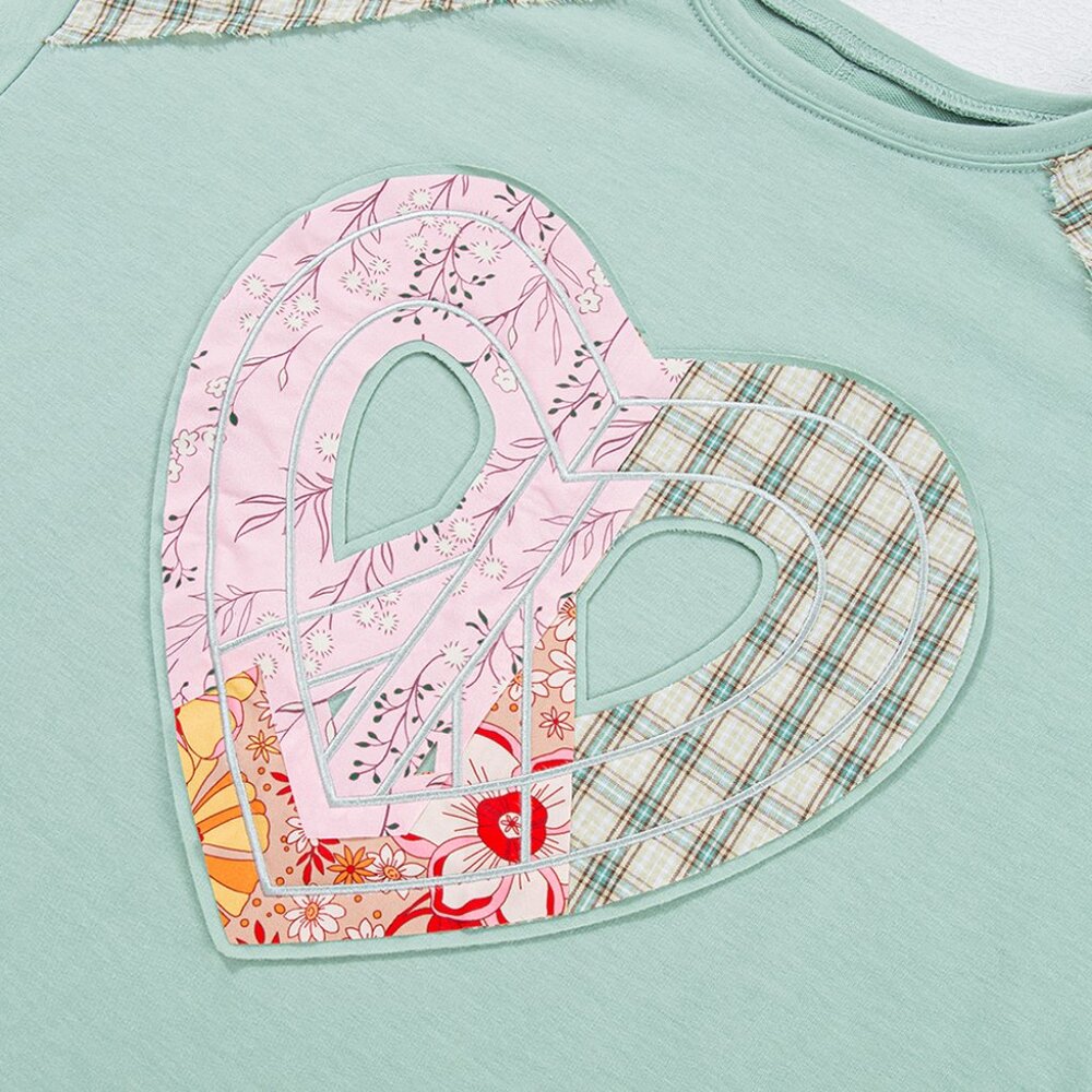 B216 Aqua Plaid Floral Patchwork Heart Long Sleeve Top - Picture 3 of 5
